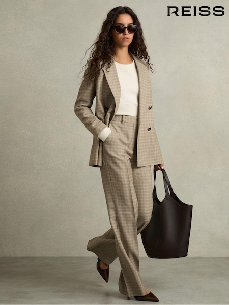 Reiss Brown Check Vida Wool Wide-Leg Houndstooth-Check Trousers (AB9319) | €286