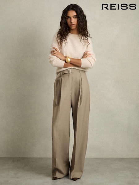Reiss Neutral Clara Petite Wool Belted Wide-Leg Trousers (AB9323) | €140