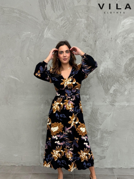 VILA Printed Long Sleeve V-Neck Maxi Dress (AB9437) | 242 LEI