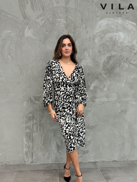 VILA Black Printed Long Sleeve V-Neck Midi Dress (AB9442) | €15.50