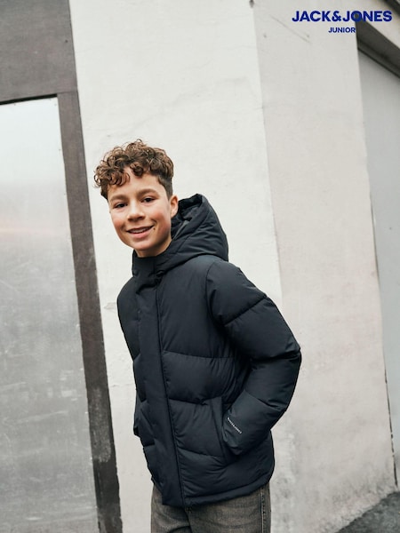 Negru - JACK & JONES JUNIOR Blue Hooded Puffer Nautical Jacket (AB9444) | 133 LEI