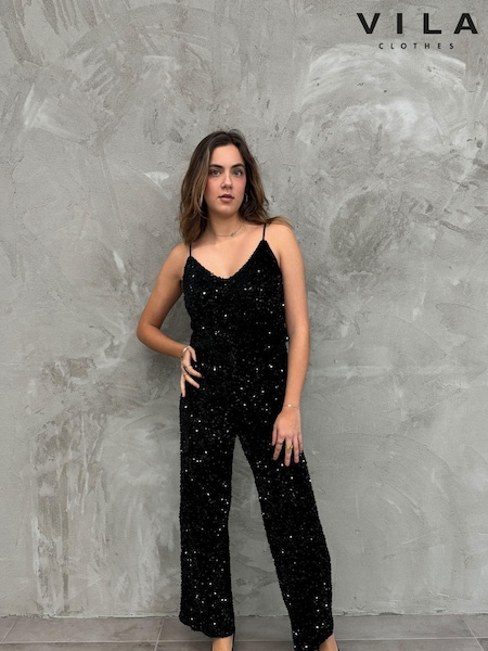 VILA Black Sleeveless Full Sequin Wide Leg Jumpsuit (AB9447) | €31
