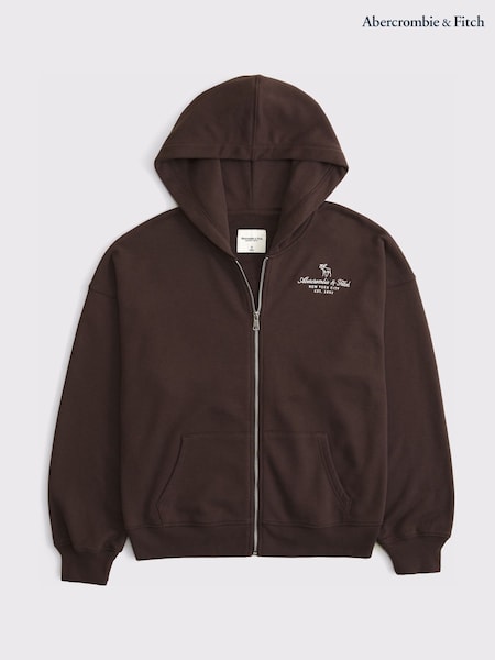 Braun - Abercrombie & Fitch Full Zip Jersey Script Logo Hoodie