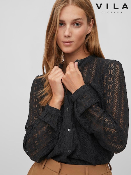 VILA Black Button Down Long Sleeve Jersey Lace Blouse (AC0465) | LEI 198
