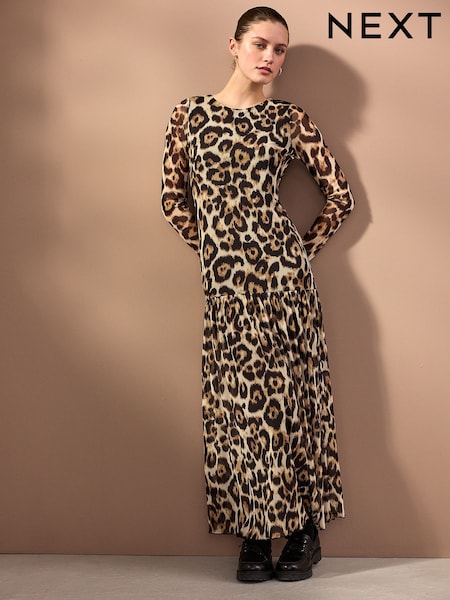 Leopard Print Long Sleeve Drop Waist Mesh Maxi Dress (AC0528) | 1,625 UAH