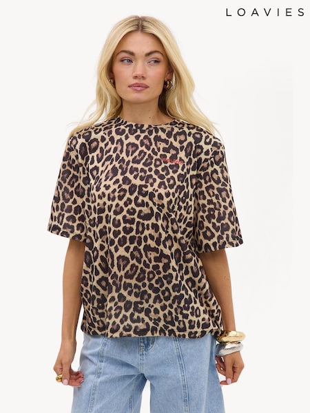 Marrón - Loavies Wild And Free Brown Short-sleeved Shirt With Leopard Print