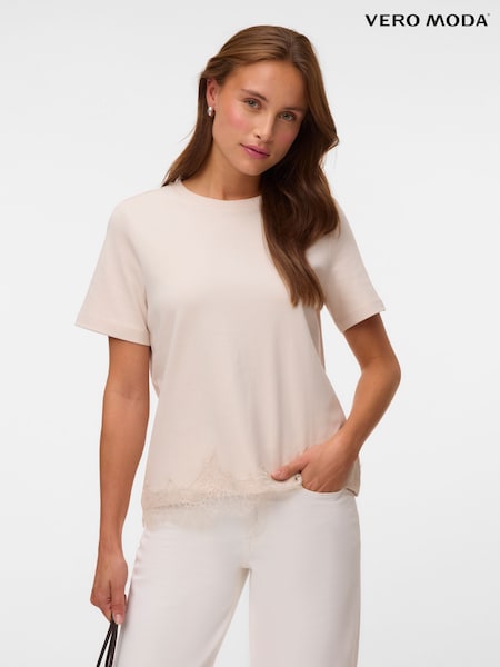 Cream - Vero Moda Lace Trim Short Sleeve T-shirt