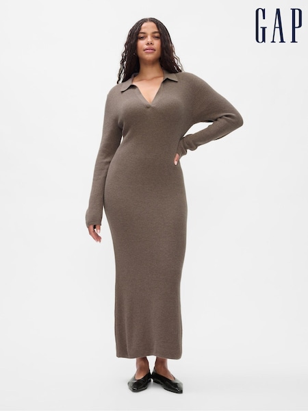 Gap Light Brown CashSoft Rib Midi Polo Jumper Dress (AC0819) | €57