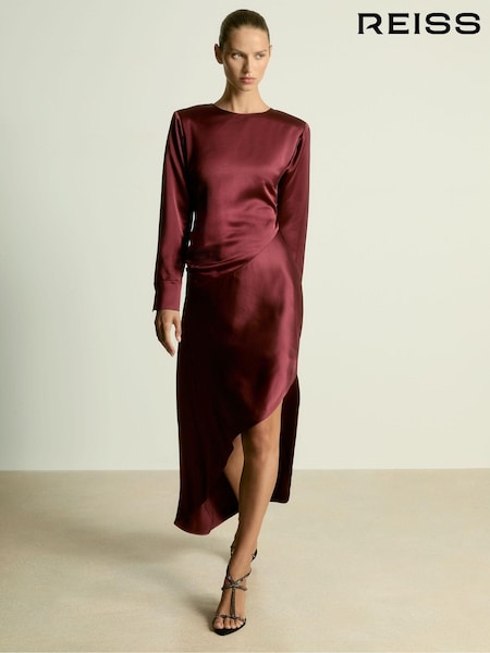 Reiss Burgundy Valli Satin Asymmetric Draped Maxi Dress (AC0986) | €347