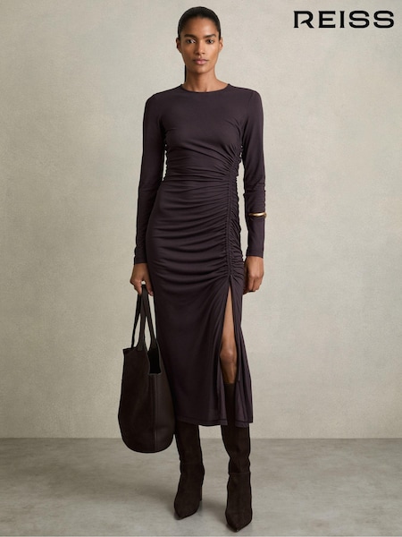 Reiss Burgundy Rosie Jersey Ruched Midi Dress (AC0989) | $249