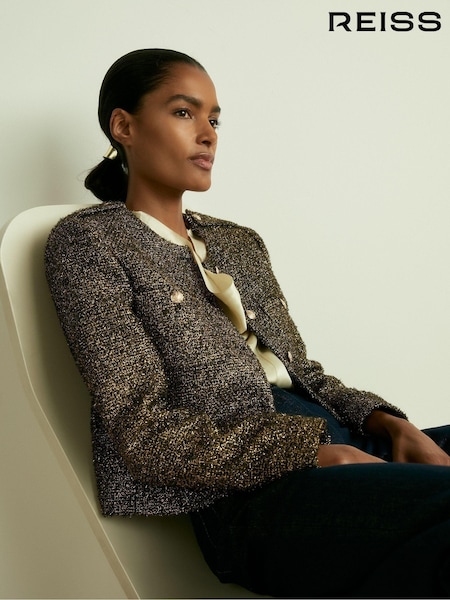 Reiss Gold Wynee Petite Metallic Knit Cropped Jacket (AC0995) | 1,838 QAR