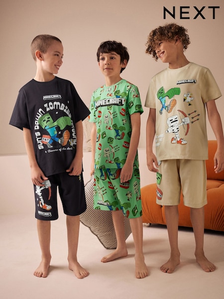 Schwarz/Grün/Stone - License Minecraft 100% Cotton Short Pyjamas 3 Pack (3-16yrs) (AC1071) | 47 € - 57 €