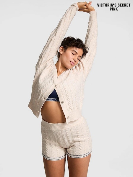 Victoria's Secret PINK Heather Oatmeal Beige Cropped Cable Knit Cardigan (AC1120) | €56