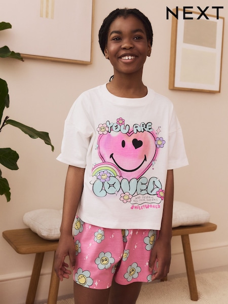 Pink/White 100% Cotton Smiley World Licence Short Pyjamas (3-16yrs) (AC1134) | €20 - €27