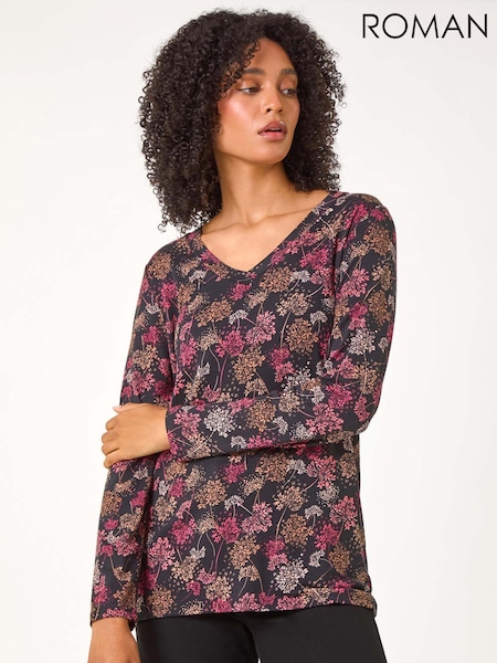 Roman Orange Floral Print Relaxed Stretch Tunic Top (AC1271) | AED233