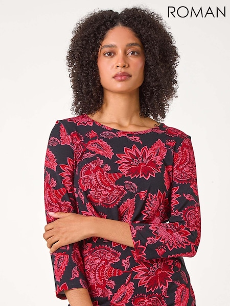 Roman Pink Floral Twist Detail Stretch Tunic Top (AC1279) | R$ 385