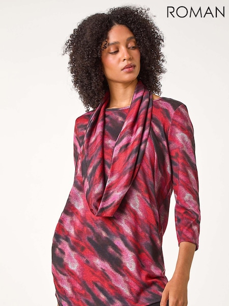 Roman Pink Abstract Print Pocket Top with Snood (AC1287) | 99 QAR