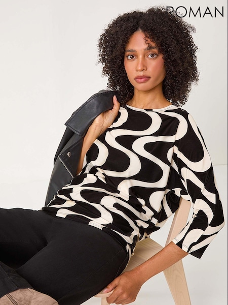 Roman Black Swirl Print Stretch Tunics Top (AC1292) | R$ 385
