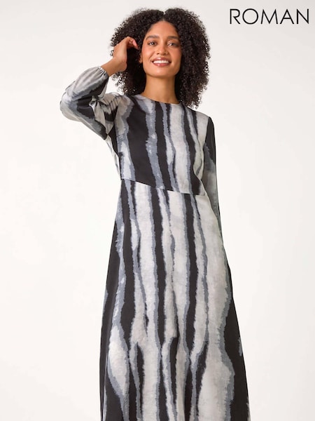 Roman Grey Shadow Stripe Print Midi Dress (AC1298) | €60