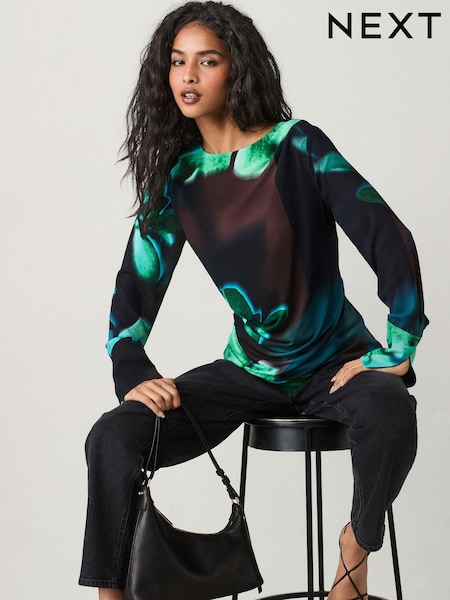 Schwarz/Grün/Blumenprint - Long Sleeve Ruched Detail Blouse (AC1380) | 25 €