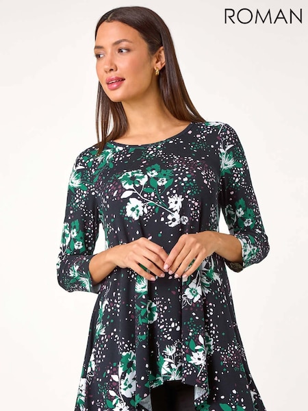 Roman Green Floral Hanky Hem Stretch Tunic Top (AC1481) | R$ 385