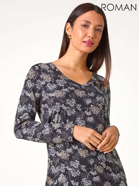 Roman Grey Floral Print Relaxed Stretch Top (AC1491) | AED233