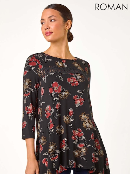 Roman Red Floral Print Lace Trim Stretch Top (AC1508) | €42