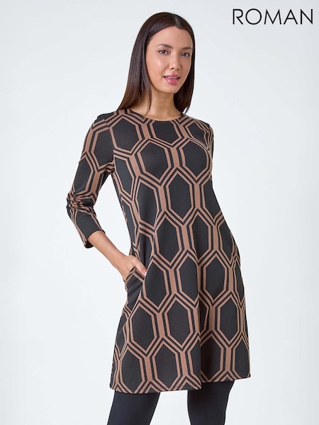 Roman Brown Geometric Jacquard Stretch Dress (AC1509) | R$ 510