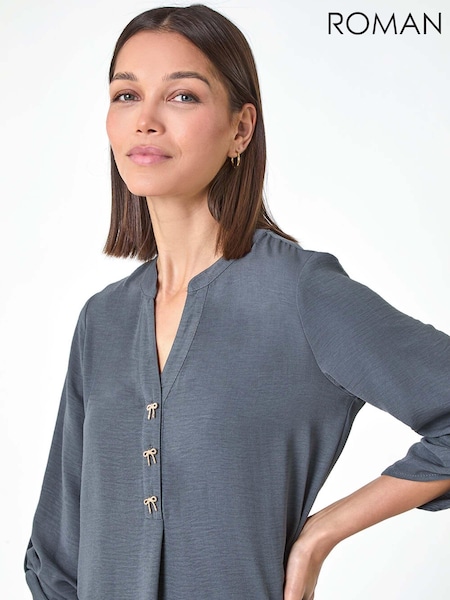 Roman Grey Longline Bow Button Woven Top (AC1567) | €44