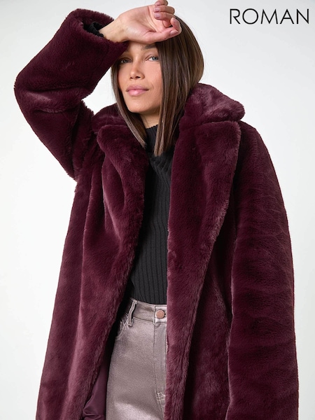 Roman Red Faux Fur Longline Coat (AC1568) | AED582