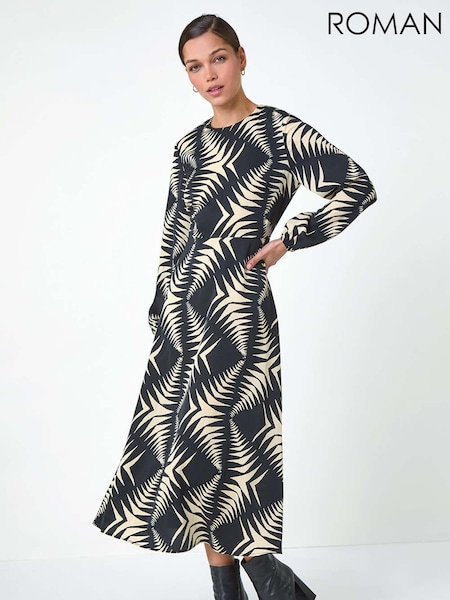 Roman Brown Geometric Print Midi Dress (AC1574) | €53