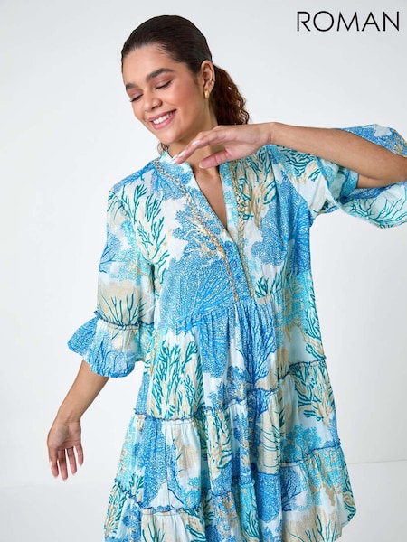 Roman Blue Embroidered Cotton Printed Frill Smock Dress (AC1577) | €60