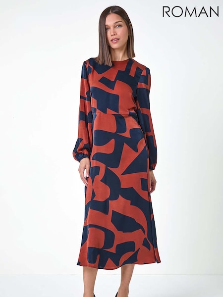 Roman Red Geometric Colourblock Print Midi Dress (AC1578) | €53