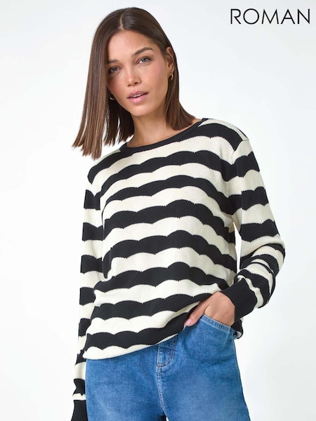 Roman Black Striped Scallop Cotton Blend Tie Jumper (AC1593) | €48