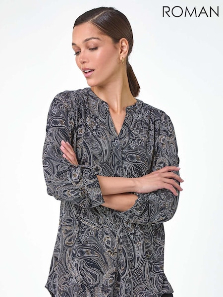 Черный - Roman Textured Paisley Print Stretch Blouse (AC1596) | €46