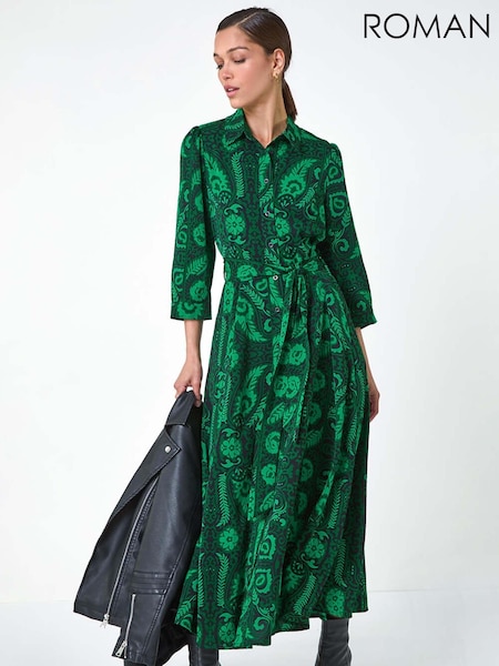 Roman Green Floral Leaf Print Midi Shirt Dress (AC1598) | €60