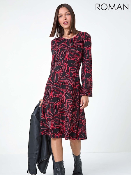 Roman Red Leaf Print Stretch Tea Dress (AC1601) | €53
