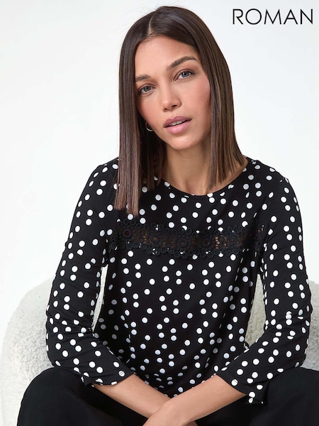 Roman Black Spot Print Lace Trim Stretch Top (AC1604) | €40