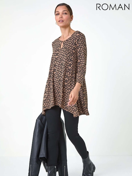 Roman Brown Abstract Linear Print Cutout Tunic Top (AC1613) | AZN 98