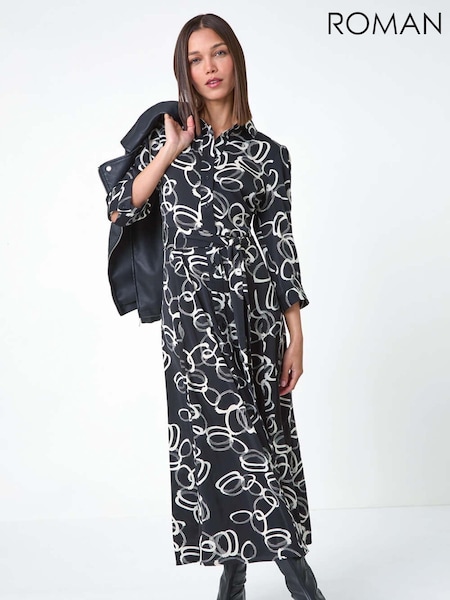 Roman Black Abstract Circle Print Midi Shirt Dress (AC1614) | €60