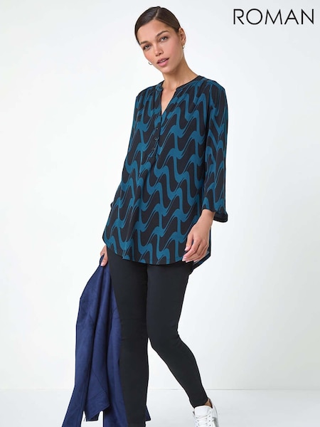 Roman Blue Geometric Print Stretch Blouse (AC1626) | 108 QAR
