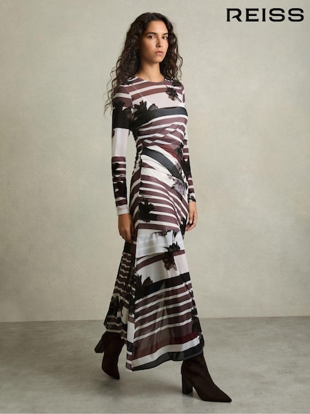 Reiss Burgundy/Black Chiara Stretch-Mesh Stripe-Print Ruched Dress (AC2130) | $274