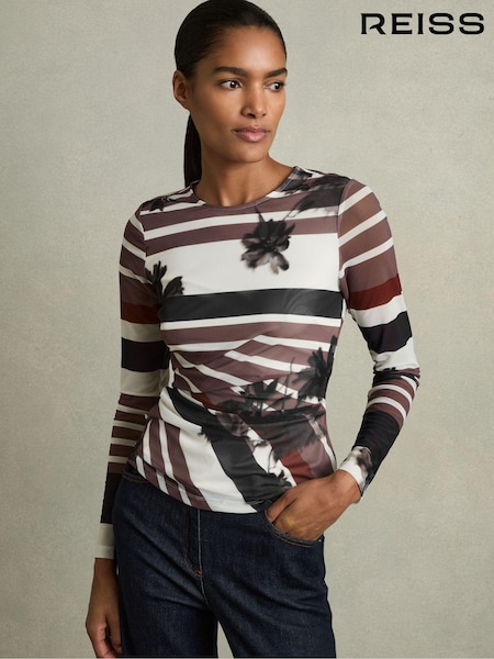 Reiss Burgundy Cara Ruched Abstract Stripe Top (AC2135) | €180