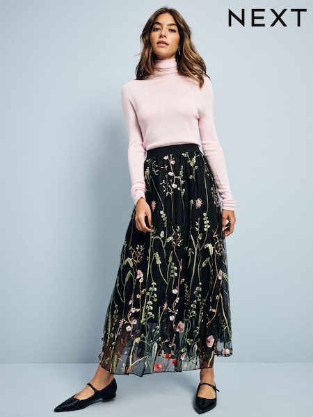 Black Embroidered Mesh Tulle Boho Maxi Skirt (AC2189) | 278 QAR