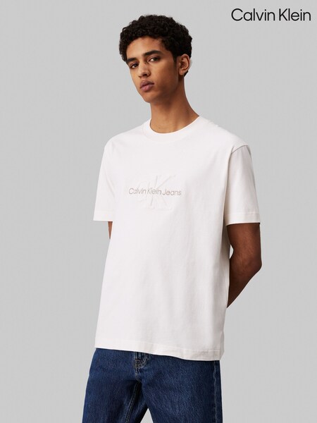 Calvin Klein White 100% Cotton Chenille Monologo T-Shirt (AC2326) | €32