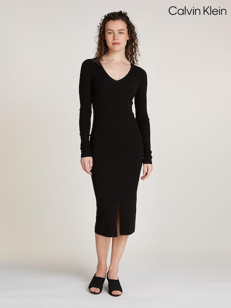 Calvin Klein Black Soft Rib V-Neck Midi Dress (AC2328) | €114