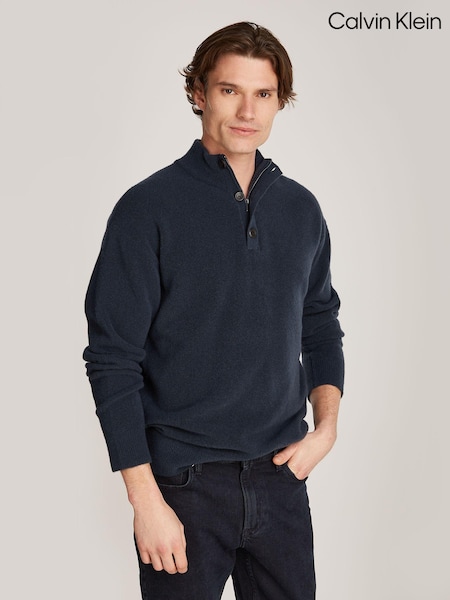 Albastru - Pulover cu fermoar, cu nasturi, din lână elastică Calvin Klein (AC2365) | 626 LEI
