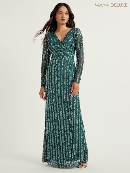 Maya Green Stripe Embellished Long Sleeve Wrap Maxi Dress (AC2507) | €134