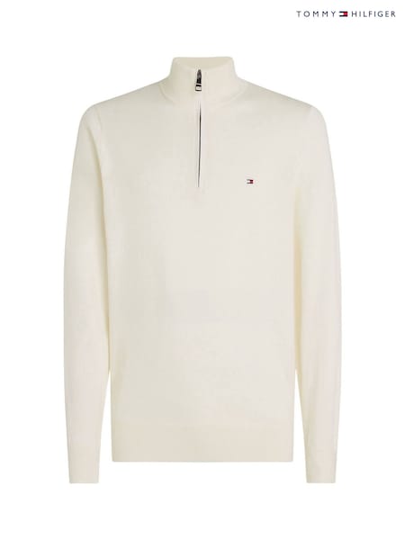 Tommy Hilfiger Cream Quarter Zip Cotton Blend Jumper With Cashmere (AC2509) | R$ 1,285