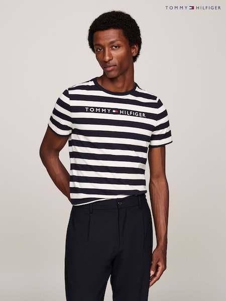 Tommy Hilfiger Blue 100% Cotton Tommy Logo Stripe T-Shirt (AC2584) | 136 QAR